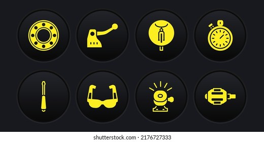 Set Screwdriver, Stopwatch, Sport cycling sunglasses, Bicycle bell, brake, pedal and ball bearing icon. Vector