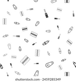 Set Screwdriver, Timing belt kit, Car spark plug and tire wheel on seamless pattern. Vector