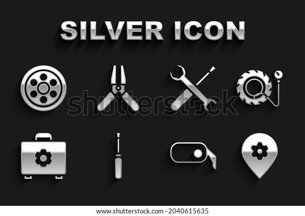 Set Screwdriver,\
Tire pressure gauge, Location with car service, Car rearview\
mirror, Toolbox, and wrench spanner, Alloy wheel and battery jumper\
power cable icon. Vector