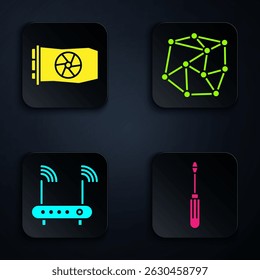 Set Screwdriver, Video graphic card, Router and wi-fi signal and Neural network. Black square button. Vector
