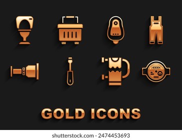 Set destornillador, overol de trabajo, medidor de agua, toallero calefactado, adaptador de tubería, depósito de urinarios de inodoro, tazón e icono de caja de herramientas. Vector