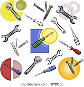 A set of screwdriver, wrench, nail and nut vector icons in color, and black and white renderings.