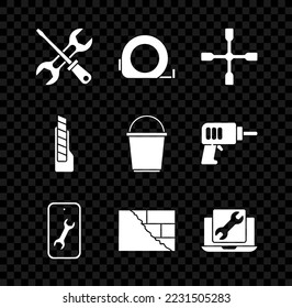 Set Screwdriver and wrench, Roulette construction, Wheel, Mobile service, Bricks, Laptop, Stationery knife and Bucket icon. Vector