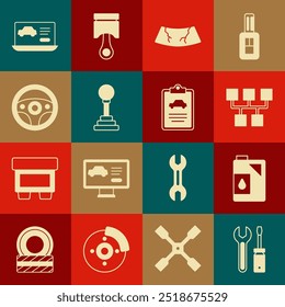 Set Screwdriver and wrench spanner, Canister for motor oil, Gear shifter, Broken windshield, Steering wheel, Diagnostics condition of car and Car inspection icon. Vector