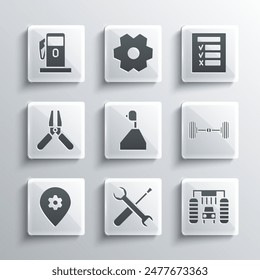 Set Screwdriver and wrench spanner, Car wash, Chassis car, Gear shifter, Location with service, battery jumper power cable, Petrol or Gas station and inspection icon. Vector