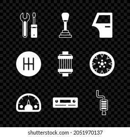 Ajuste el destornillador y la llave inglesa, el selector de velocidades, la puerta del coche, el velocímetro, el audio, el silenciador y el icono del filtro de aire. Vector