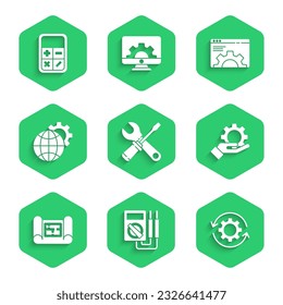 Set Screwdriver and wrench spanner, Multimeter, Gear arrows as workflow, Settings in the hand, House plan, Globe of Earth gear, Browser setting and Calculator icon. Vector