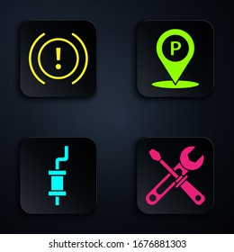 Set Schraubendreher und Schraubenschlüssel Werkzeuge, Bremsanlage Warnung, Auto-Muffler und Lage mit Parkplatz. Schwarze Quadrat-Taste. Vektorillustration