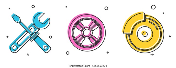 Set Screwdriver and wrench tools, Car wheel and Car brake disk with caliper icon. Vector