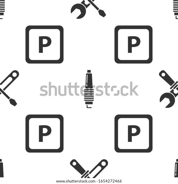 Set Screwdriver and wrench\
tools, Car spark plug and Parking on seamless pattern.\
Vector