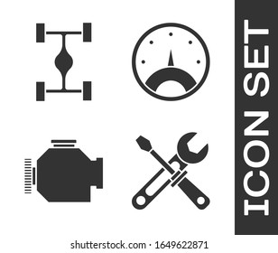 Set Screwdriver and wrench tools, Chassis car, Check engine and Speedometer icon. Vector