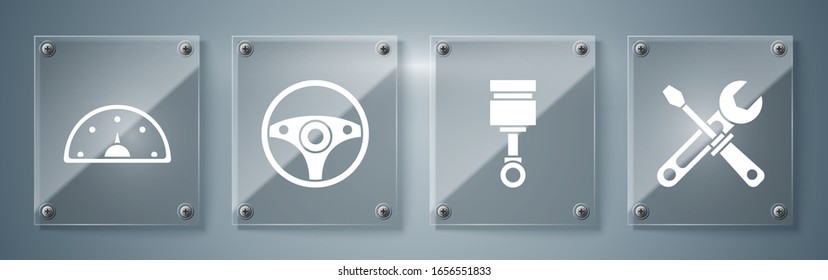 Set Screwdriver and wrench tools, Engine piston, Steering wheel and Speedometer. Square glass panels. Vector