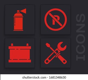 Set Screwdriver and wrench tools, Paint spray can, No Parking or stopping and Car battery icon. Vector