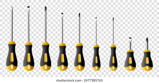 Set of screwdrivers isolated on transparent background. Black and yellow long and short screwdrivers. Metal tool for Home Repairs and Mechanical Work. Realistic 3d vector illustration.