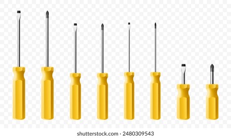 Set of screwdrivers isolated on transparent background. Yellow long and short screwdrivers. Metal tool for Home Repairs and Mechanical Work. Realistic 3d vector illustration.