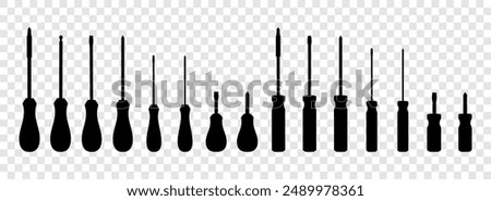 Set of screwdrivers isolated on transparent background. Flat head and Phillips, long and short screwdrivers. Tool for Home Repairs and Mechanical Work. Black silhouette icons, vector illustration.