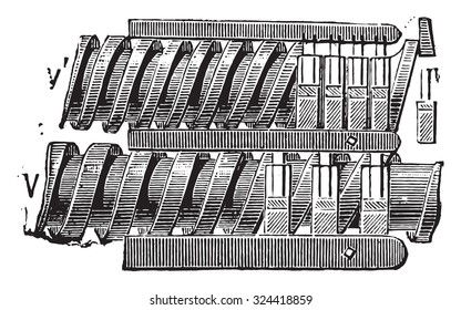 Setzen Sie Schrauben und Stangen in die Leinenregale, vintage gravierte Abbildung. Industrielle Enzyklopädie E.-O. Lami - 1875.