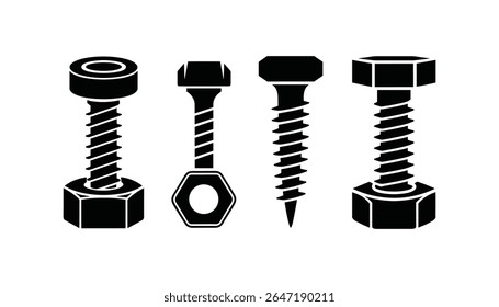 Set of Screws and Bolts Icon Silhouettes Industrial Fastener Vector Illustration.