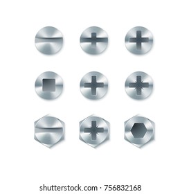 Set of screws and bolts, nails isolated on white background. Vector illustration