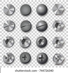 Set of screws and bolts on transparent background. Vector illustration