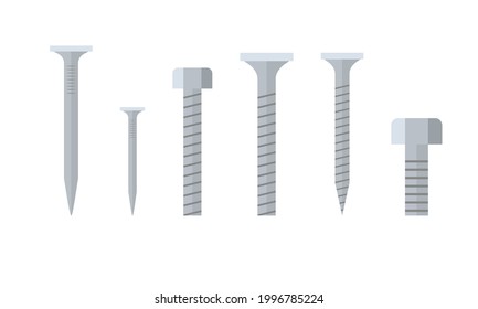Set of screws and bolts on a white background. Vector illustration.