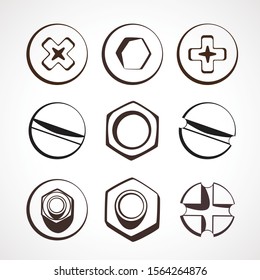 Set of screws. Contour set of nuts and bolts. Vector illustration