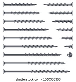 Set of screws of different lengths on wood and drywall. Monochrome illustrations, silhouette, shape screws for your design. Construction tools, flat icon, vector technical drawing.
