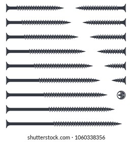 Set of screws of different lengths on wood and drywall. Monochrome illustrations, silhouette, shape screws for your design. Construction tools, flat icon, vector technical drawing.
