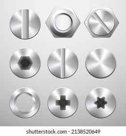 Set of screws head Icons, steel bolts, nuts, nails and rivets top view. Vector illustration