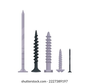 Set of screws and nails. Netal tools and hardware with different threads. Flat vector illustration.