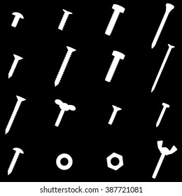 Set of  Screws nuts and nails collection in vector silhouette 