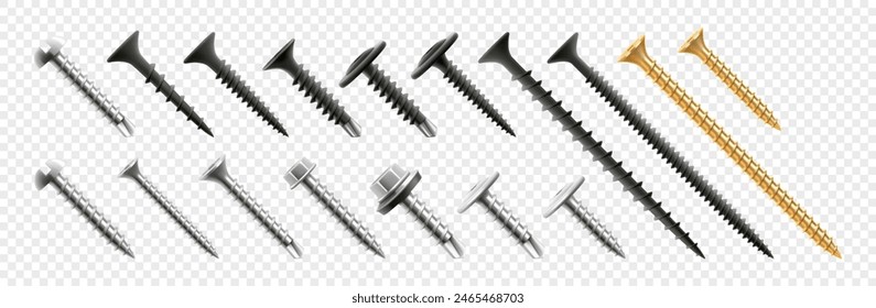 Conjunto de tornillos y tornillos autorroscantes aislados sobre fondo transparente. Ilustración vectorial 3D realista. Se utiliza para conectar piezas metálicas, no metálicas, de madera