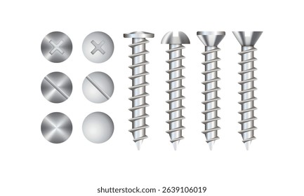 Set of screws and self-tapping screws isolated on white background. Realistic 3d Vector illustration. Is used to connect metal, non-metal, wooden parts.