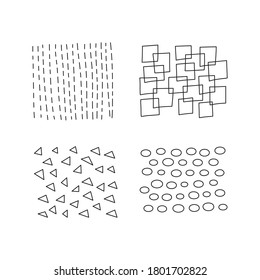 Set of scribble abstract doodle textures isolated on white background. Freehand inky stripes, squares, triangles, ovals.