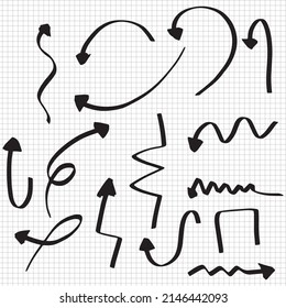 Set of Scribble arrow isolated on white background. black hand drawn arrows set icon