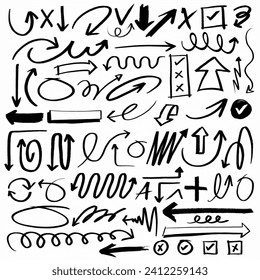 Set of Scribble arrow isolated on white background. black hand drawn arrows set icon. Vector doodle marker drawing. Freehand different curved arrows, swirls, crosses, circles and check marks.