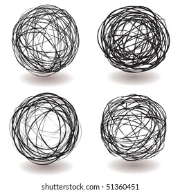 Set of scribble ball icons with pen drawing and drop shadow