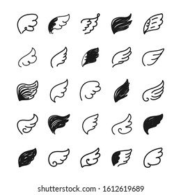 Set of scribble black angel wings. Collection of wings shapes draw the hand. Vector illustration.