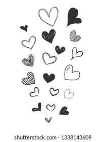 Set of scribble black hearts. Collection of heart shapes draw the hand. Symbol of love. Design elements for decoration wedding card. Vector hearts. Vector illustration.