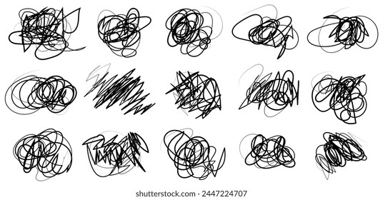 Set of scribble chaos line. Messy, tangled, chaotic knot , hand drawn doodle pen style vector illustration