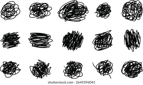Conjunto de linhas de caos rabiscadas. Confusão, emaranhado, nó caótico, desenho à mão doodle caneta estilo ilustração vetor