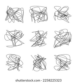 Conjunto de líneas caóticas garabateadas. El dibujo a mano enreda traba garabato. Icono del vector aislado en fondo blanco.