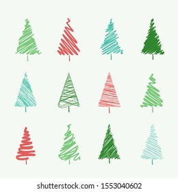 Set of scribble Christmas tree vectors, isolated on an off-white background.