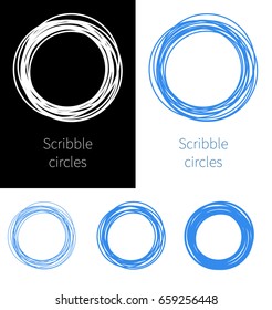 Set Scribble circle blue pen with different thicknesses on white and black background. vector illustration. Thin blue lines.
