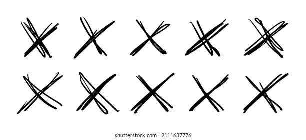 A set scribble crosses to cross out mark text  X sign in sketch style  Hand written doodle denial signs isolated white background 