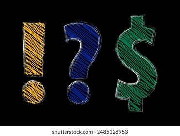 Set of scribble doodle dollar sign, exclamation point and question sign mark, collage style infographic with yellow, green, blue colors.  Stylized pencil doodles. Vector illustration. EPS 10