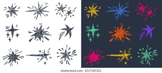 Conjunto de garabato garabato estrella, arte de los niños dibujado a mano. fuegos artificiales groovy de Festiva, dibujo de brillo de bebé de jardín de infantes, arte de marcador realista grunge ingenuo. Vector crayón doodle arte de la estrella.