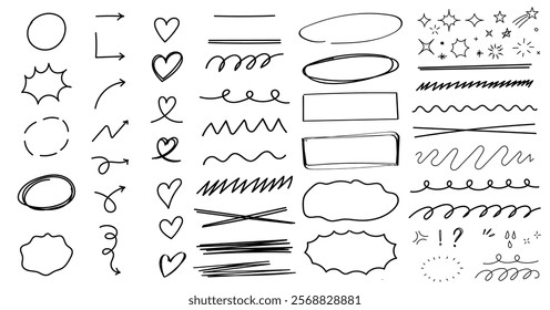 Set of scribble doodle underline emphasis line shape. Design element in childish drawing style