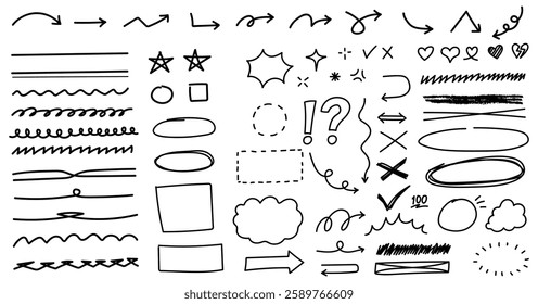 Set of scribble doodle underline emphasis line and geometric shape. Hand drawn design element