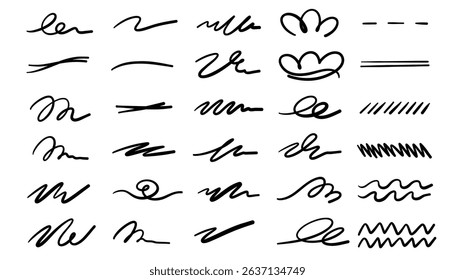 Set of scribble doodle underline and emphasis lines in various hand-drawn styles. Perfect for highlighting text, titles, or design elements in creative projects, presentations, and social media graphi